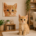 16x16 inch brick mosaic of an orange kitten on a living room wall, with the kitten in front
