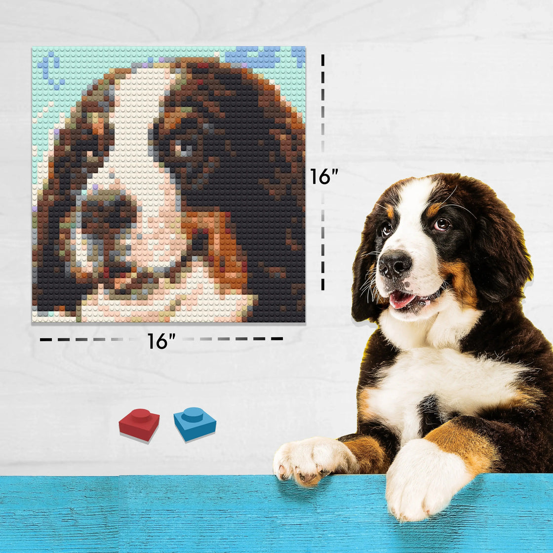 A 16 by 16 inch brick mosaic of a Bernese mountain dog next to the original photo